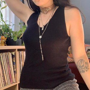 Minimalist Black Ribbed Silk V Neck Tank Top